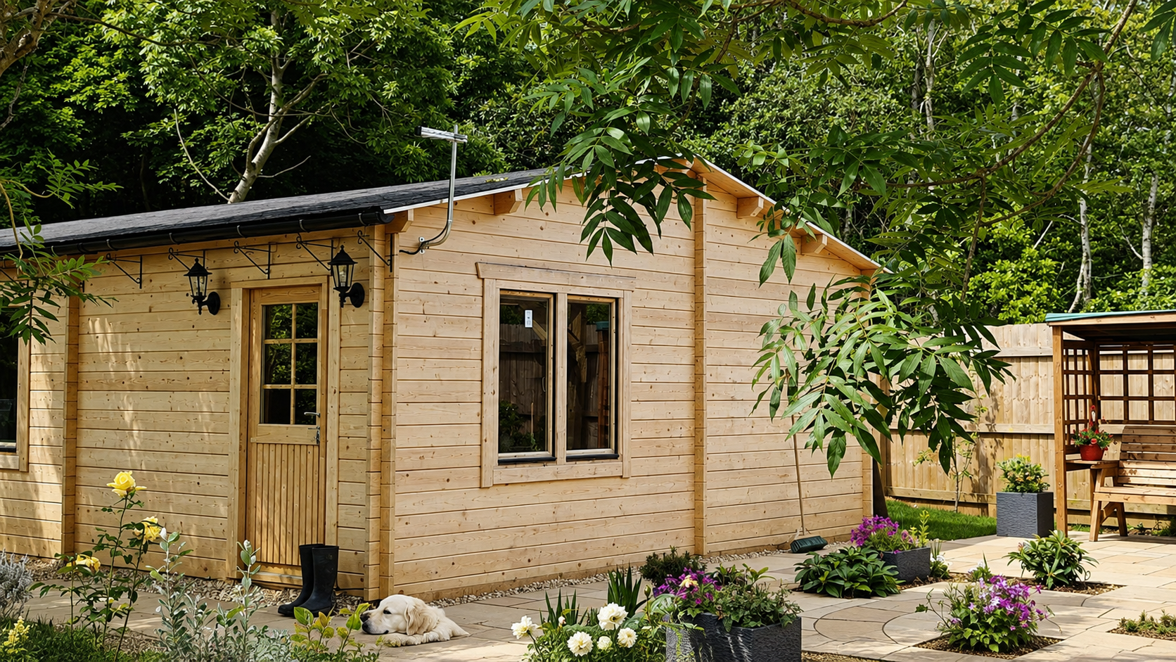 Lavender House log cabin in its woodland setting